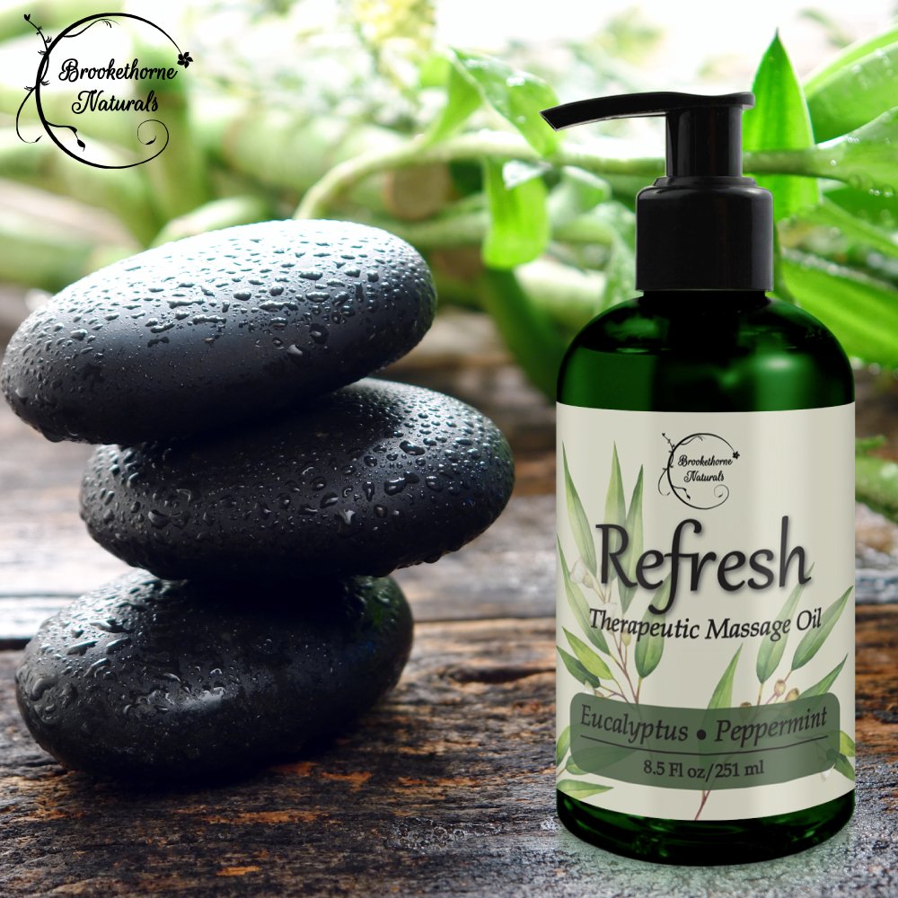 Refresh Massage Oil with Eucalyptus & Peppermint Essential Oils - Great for Massage Therapy. Stress Relief & All Natural Muscle Relaxer. Ideal for Full Body Massage – Nut Free Formula 8.5oz : Beauty