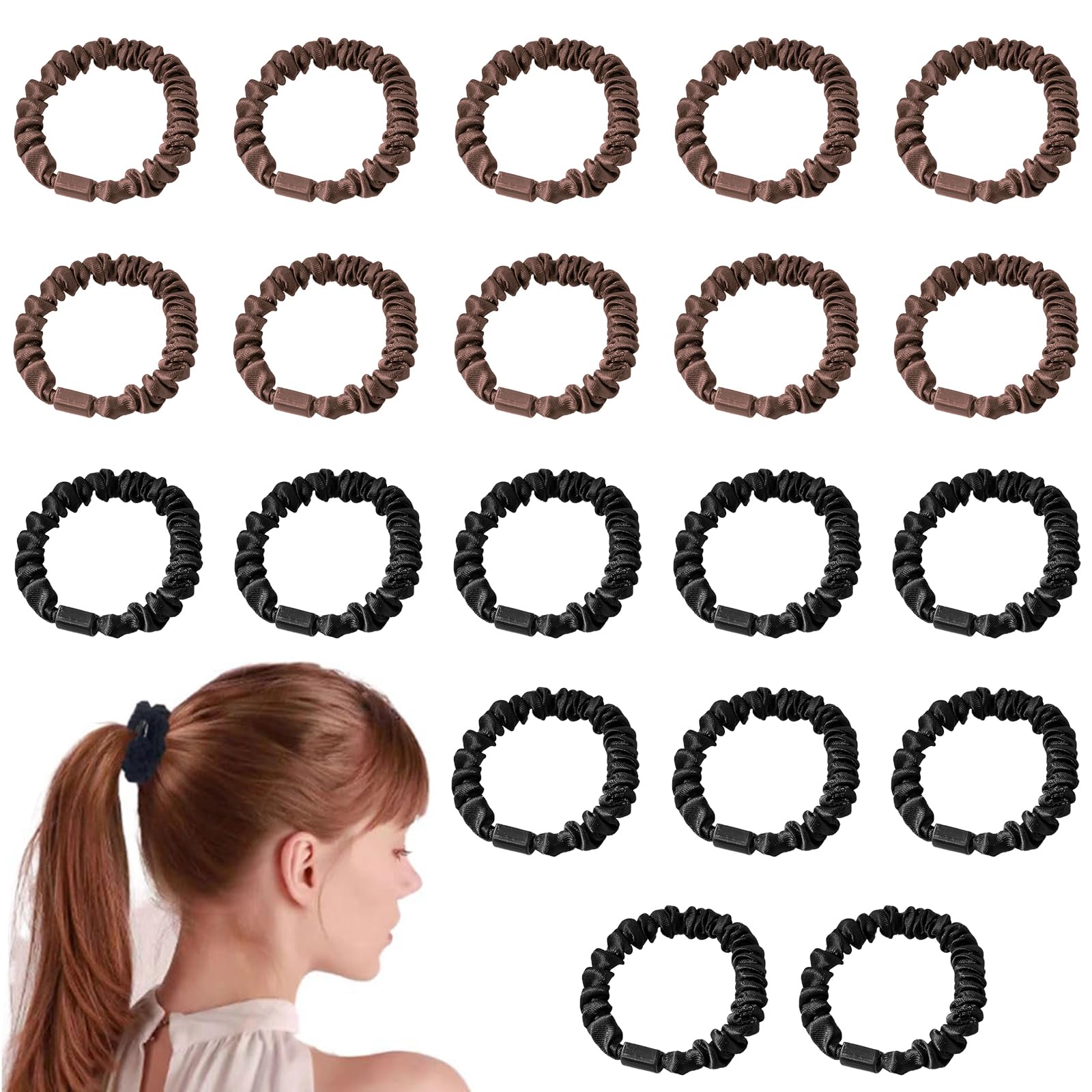 Silk Skinny Scrunchies Set 20 PCS 100% Pure Mulberry Silk Hair Ties Elastics Satin Hair Bands Girls Silk Bobbles Ponytail Holders Sleepy Hair Accessories No Damage for Curly Long Hair (Black, Brown)
