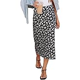 HERBATOMIA Women’s Floral Print Midi Skirt Casual High Elastic Waist Zipper Vintage Long Boho Skirts for Women
