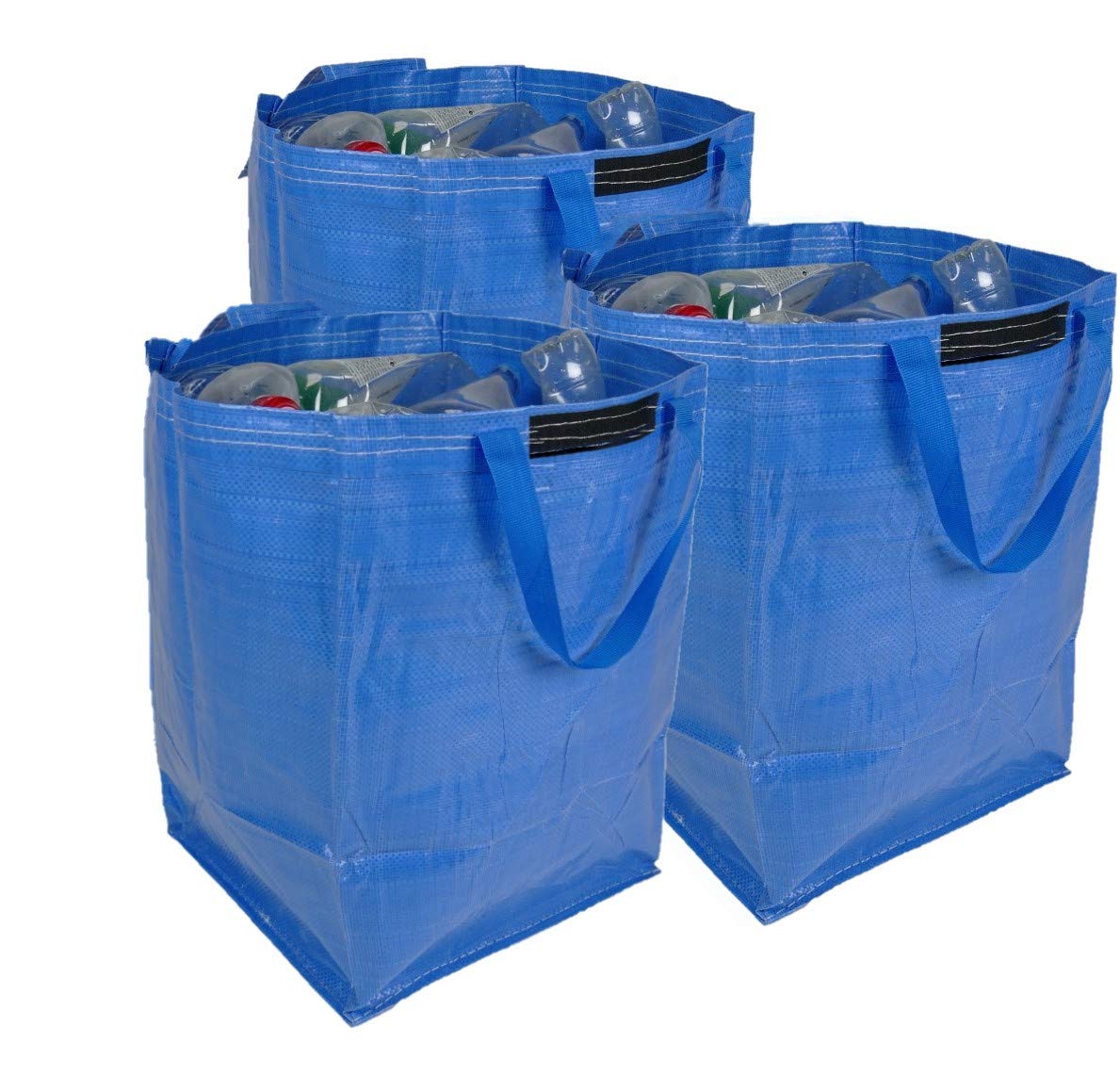 47 Litre Recycling Bag with Top Flap and Handles - Tip Strap - Laminated Wipe Clean Fabric - PREMIUM GRADE - Heavy Duty Woven PP Fabric (3 Bags, Blue)