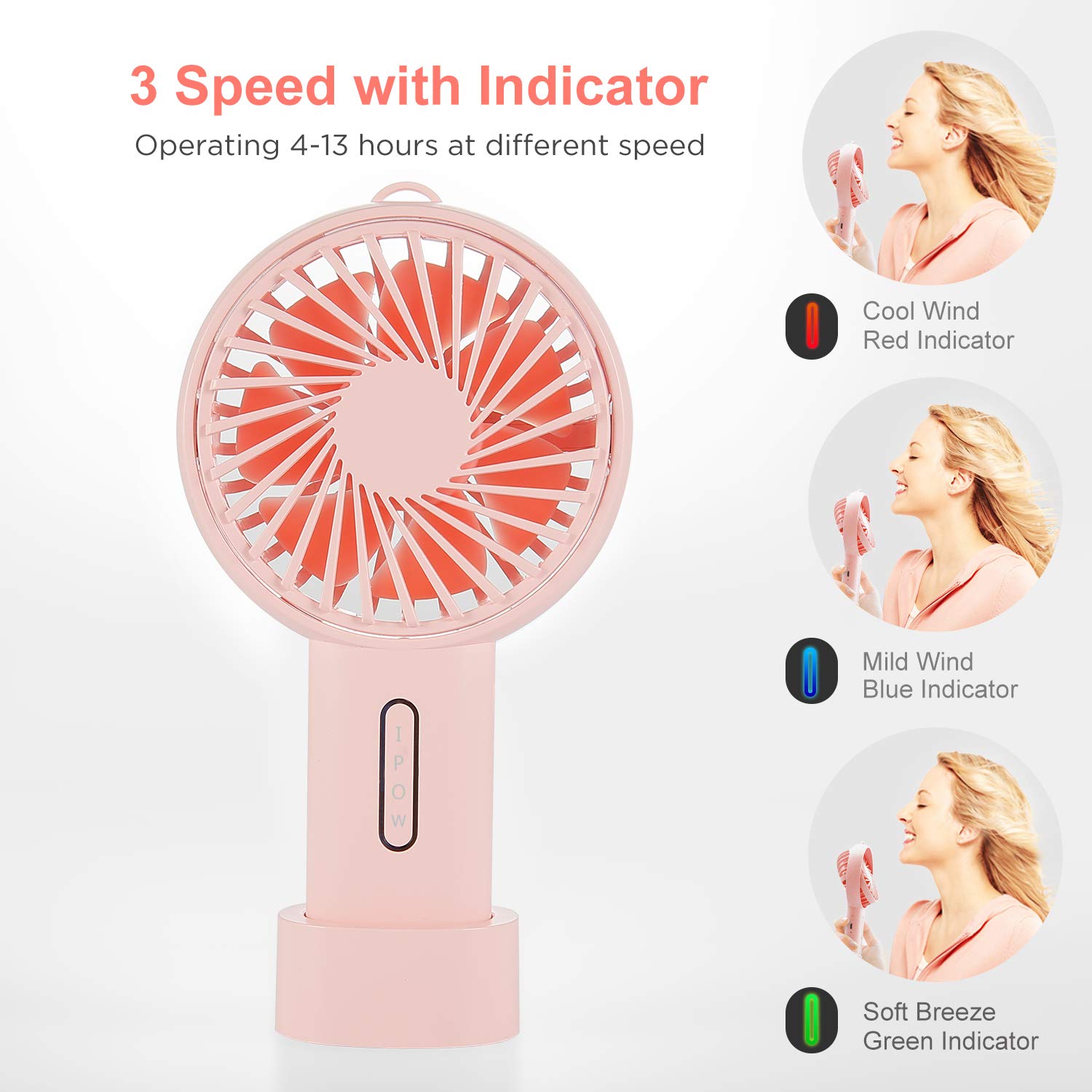 IPOW Mini Handheld Fan Personal Portable Fan 3 Speed Adjustable Angle Removable Base Lanyard USB Recharging Battery Operated Small Desk Cooling Face Fan for Home Camping Disney Travel Peach Pink
