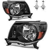 ROADEAL Headlights for 2005 2006 2007 2008 2009 2010 2011 Toyota Tacoma | Halogen Headlamp Replacement with High Low Beam Bulbs, Black Housing, Driver &amp; Passenger Side,DOES NOT FIT XENON/HID