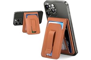 HUOGANTOM Magnetic Wallet Phone Card Holder: Adjustable Phone Wallet Stand, Magnetic Wallet for iPhone 14/13/12 Series, 4 Cards holder, Finger Loop Holding, Vegan Leather, Brown(Not for iPhone 13 mini/12 mini)
