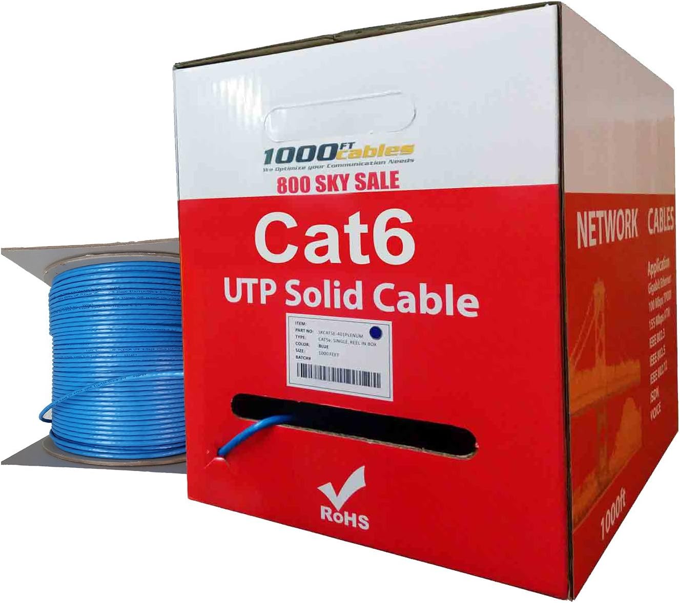 Cat6 Plenum 1000FT UTP Bulk 550MHz Solid Copper Ethernet Cable (Blue)