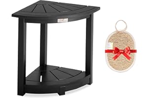 VICTORY RELAX Acacia Corner Shower Stool, Waterproof Spa Foot Rest & Bath Bench with Storage Shelf & Soap Dish, Ideal for Bathroom, Shaving Legs, or as Small Corner Table/Step Stool (Black)