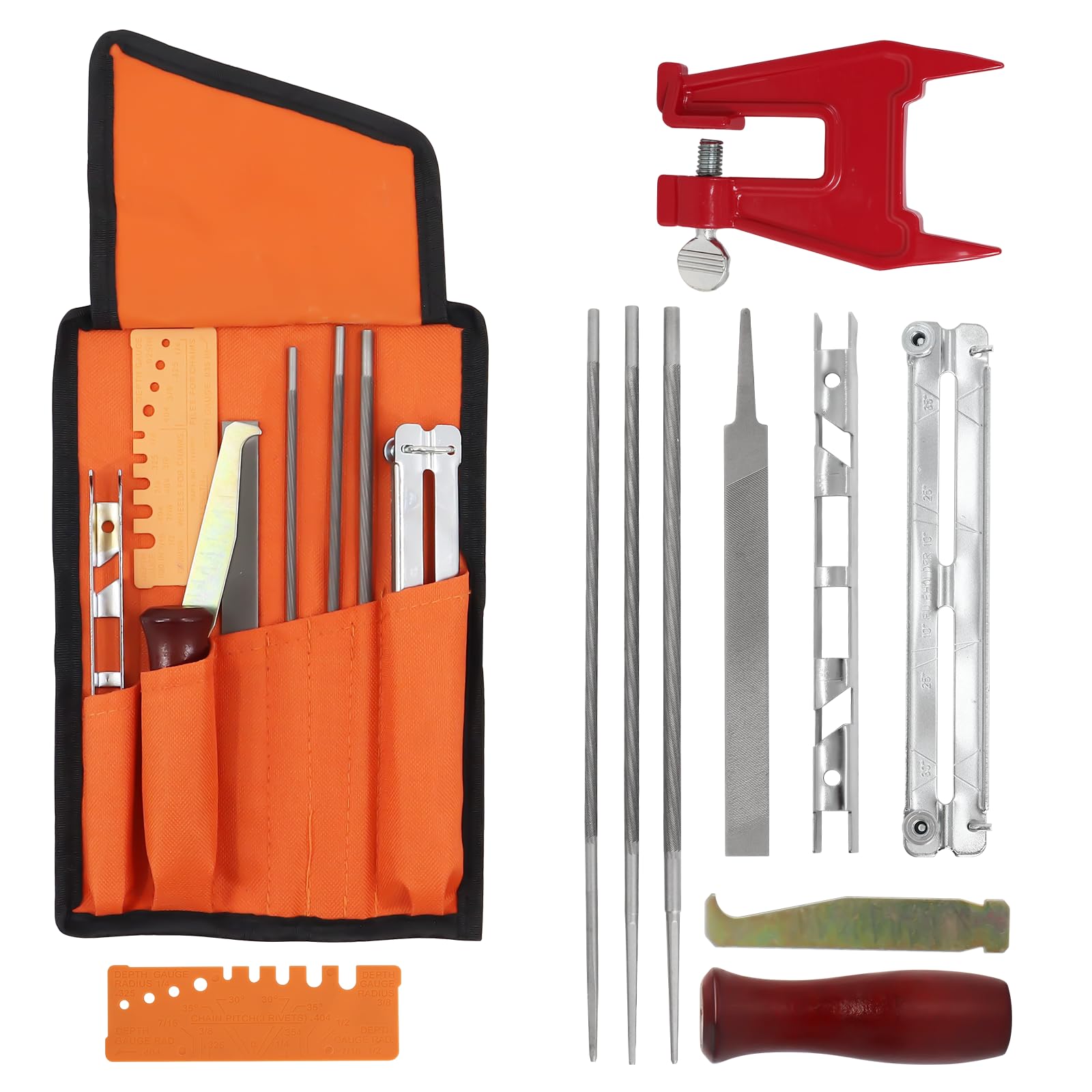 Chainsaw File Kit for Sharpening Filing Chainsaws - Include Files, Wood Handle, Depth Gauge, Filing Guide, Tool Pouch & Chainsaw Filing Stump Vise by Poweka