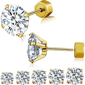 14K Yellow Gold Cubic Zirconia Stud Earrings, Classic Solitaire Round Cut with Secure Screw Back, 4mm-8mm