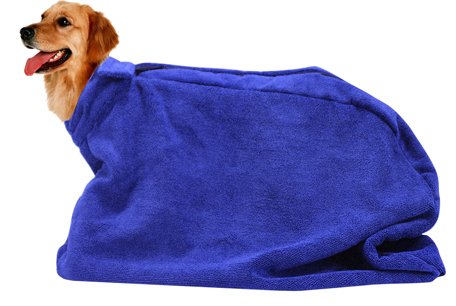 Premium Microfiber Dog Drying Bag - Quickly Removes Water Mud and Dirt - Extra Absorbent Towel Solution with Durable Hook and Loop Neck Strap-Blue-XS