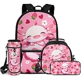 Showudesigns Cute Axolotl Girls Backpack with Lunch Box Ages 6-8 8-10 10-12 Kids School Bag and Lunch Bag Pencil Case Water Bottle Holder Pink Strawberry Bookbag Set for Elementary Preschool Satchel