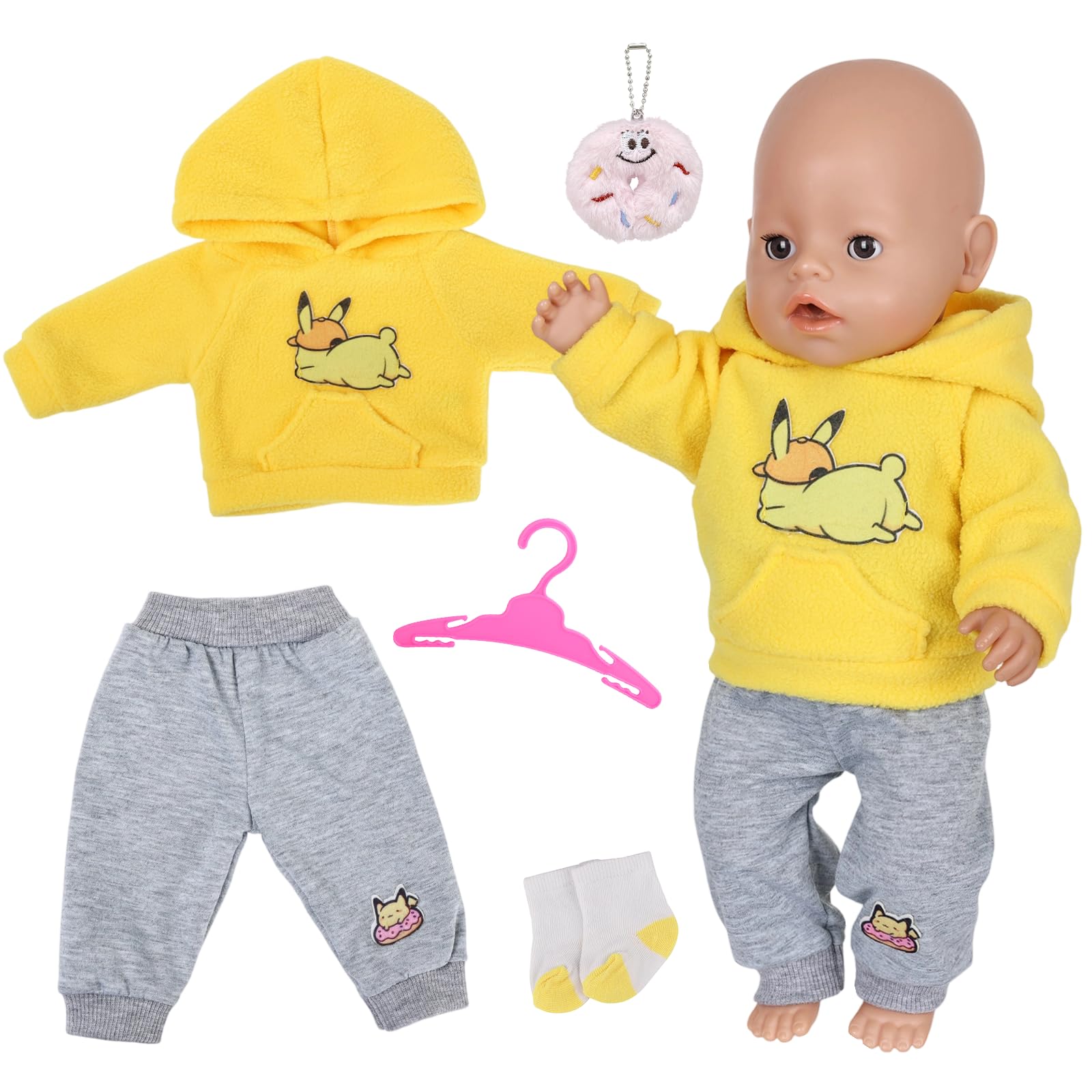 5 Pcs Baby Doll Clothes for 14-18 Inch Baby Doll, Sweet Newborn Baby Doll Clothes for 35-45cm Dolls, 1 Yellow Hoodie Pants Socks Hanger Doughnut, Squirrel Doll Doll Clothes for Kids Birthday