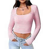 WDIRARA Women's Striped Tee Shirt Ribbed Long Sleeve Slim Fit Crop Tops