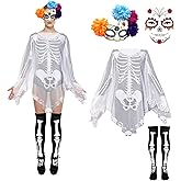 Vegove 4 Pcs Halloween Day of The Dead Skeleton Cape Poncho Costumes for Women with Masquerade Mask, Thigh High Socks & Face Stickers