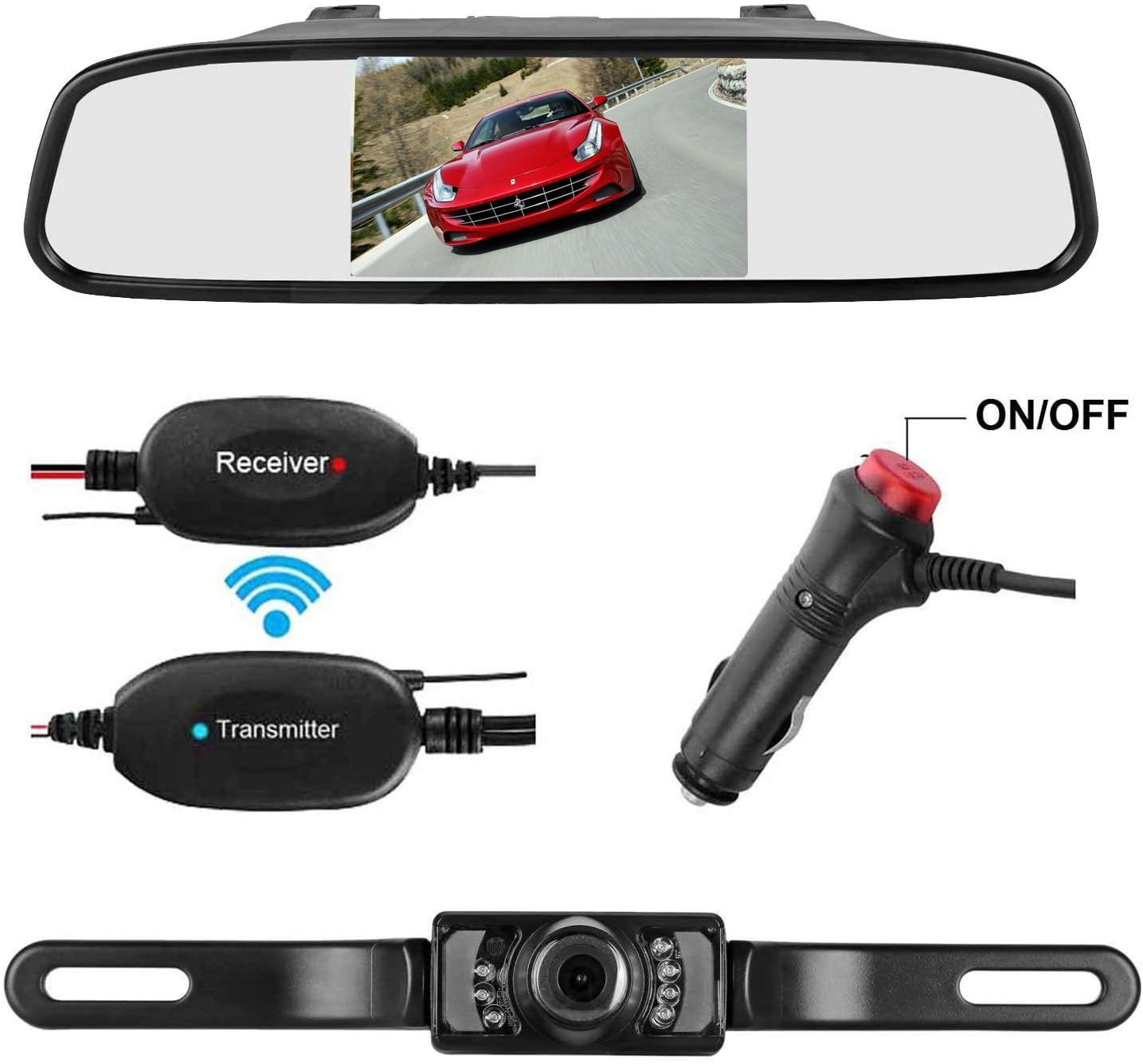 Wireless Backup Camera and Mirror monitor Kit Waterproof License Plate Rear View Camera 9V-24V Parking System 4.3 Display 7 LED IR Night Vision For Car/Vehicle/SUV/Van/Campe (Wireless 4.3 Mirror)