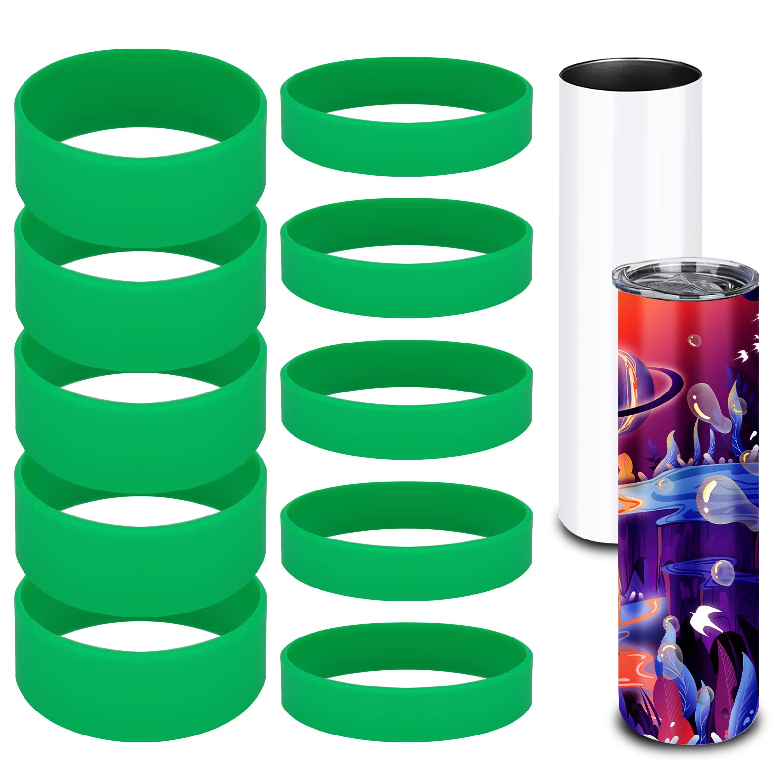 SAVITA 10pcs Tumbler Silicone Bands for Sublimation, Green Rubber Bands Rings Elastic Heat Resistance Silicone Sleeve for DIY Water Bottles Thermos Cups Crafts, Prevent Ghosting