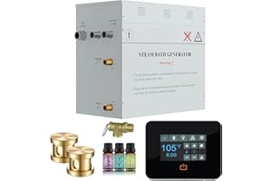 SaunaSpa Builders Series 12kW Steam Bath Generator with Quickstart Continuous Steam, Black Digital Touch Pad, Built-in Auto-Drain, and Aroma Steamhead in Gold Finish
