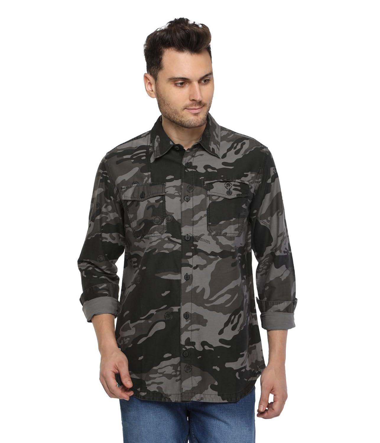starsy grey camouflage cotton casual shirt for men