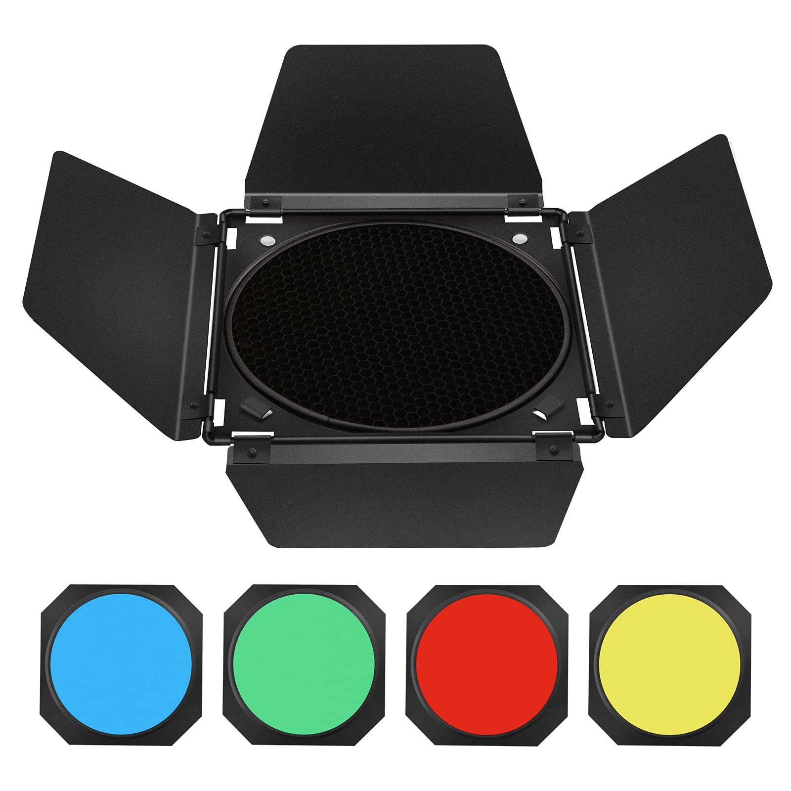 Godox BD-04 Barn Door & Honeycomb Grid &4 Color Gel Filters Compatible for Standard Reflectors Accessories kit