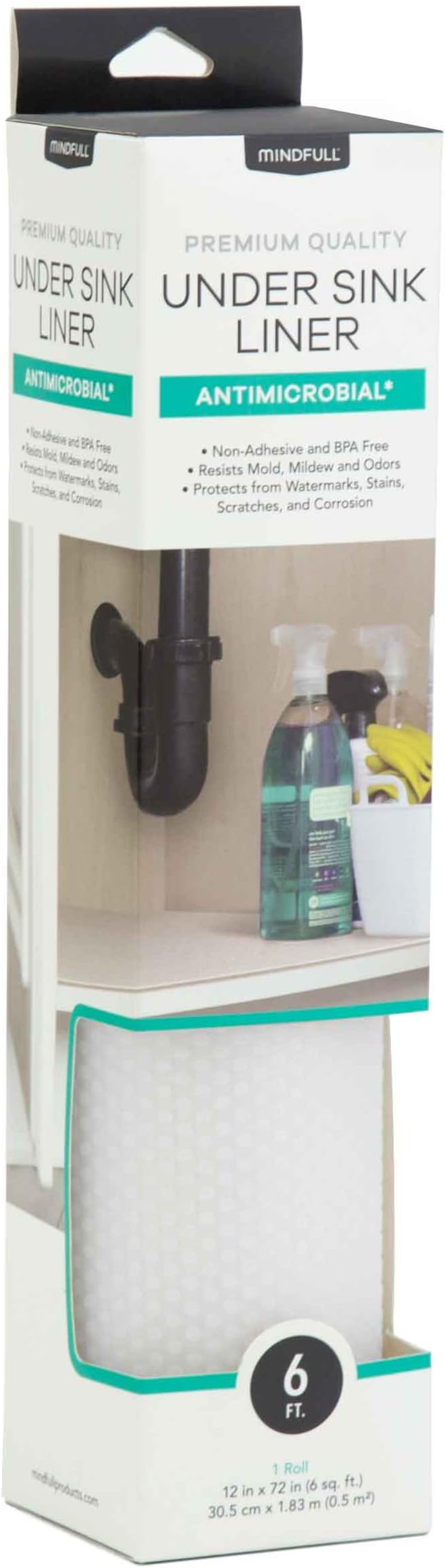MINDFULL Under Sink Liner Antimicrobial, BPA Free, Cut to Fit, 12" x 6', Clear