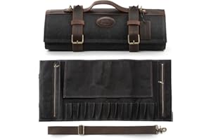 XINZUO Chef Knife Roll Bag Professional,16oz Waxed Canvas and Crazy Horse Leather,12 Slots Plus 2 Zipper Pockets,Adjustable S