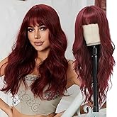 Lovenia Long Burgundy Wig with Bangs for Women 26 Inch Long Wine Red Wigs 99J Wavy Hair Reddish Wigs Natural Looking Heat Resistant Synthetic Hair Party Costume Wig
