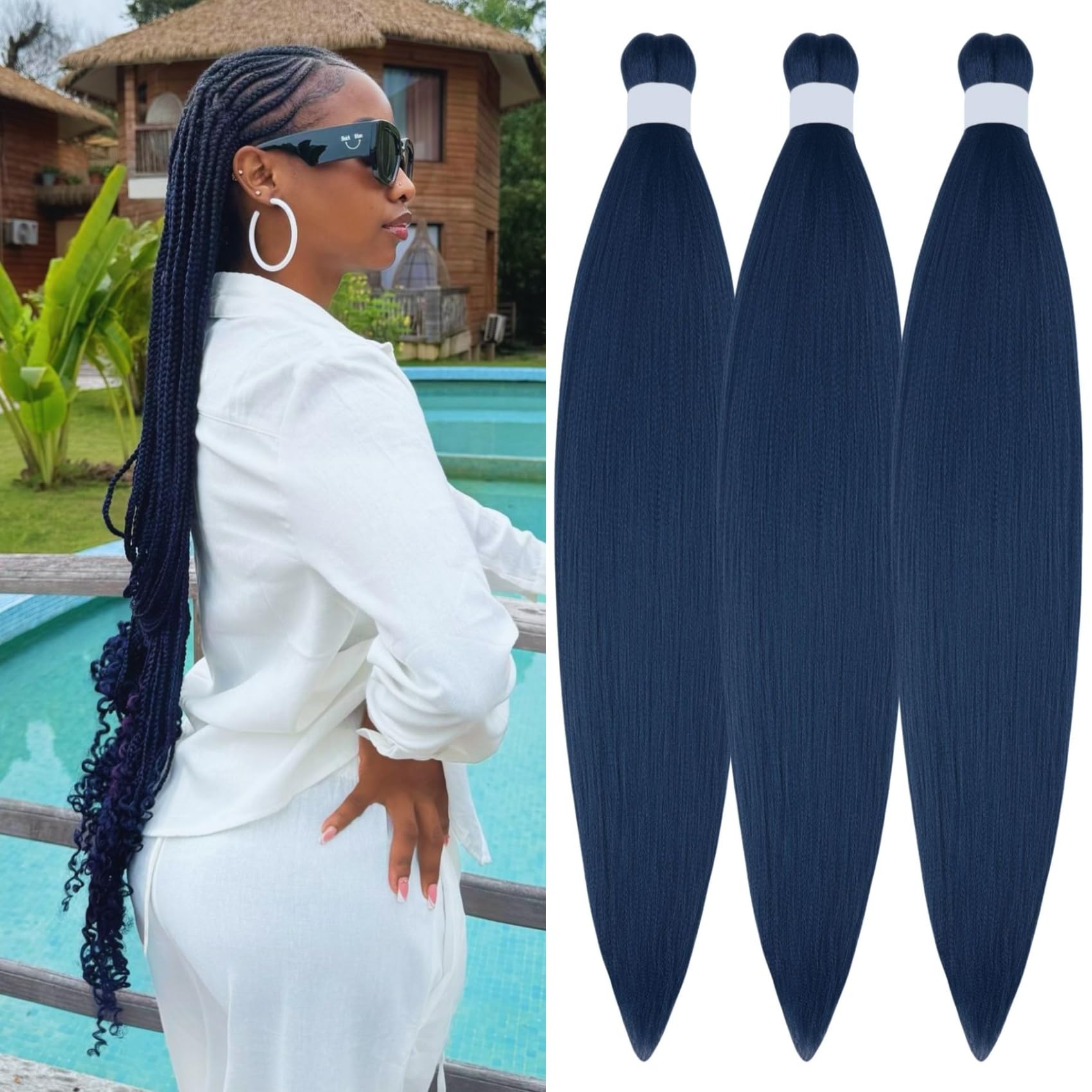 Photo 1 of Navy Blue Braiding Hair Pre stretched Box Braiding Hair Extensions for Knotless Braids Dark Blue Feed in Braids for Braiding