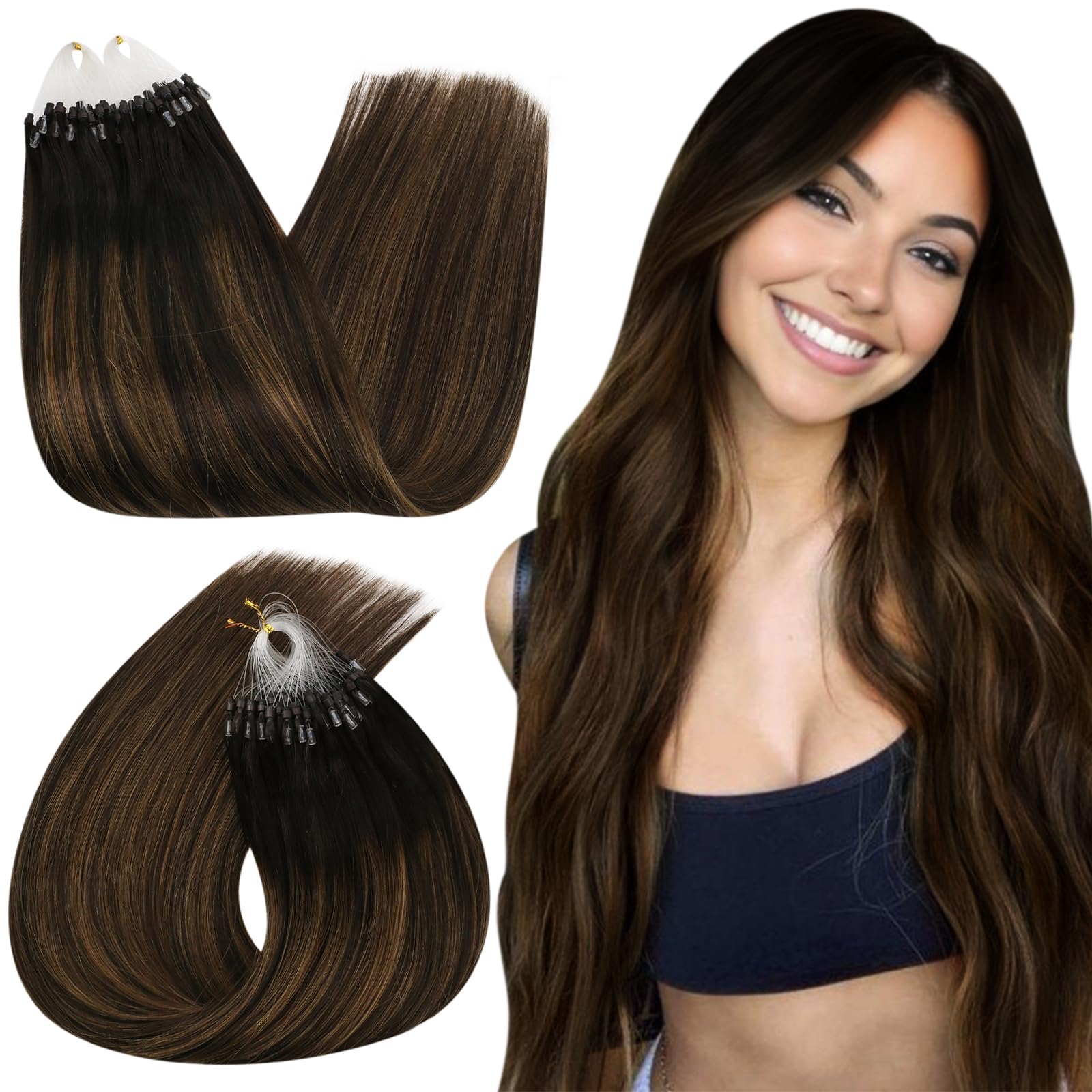 Ugeat Balayage Hair Extensions Micro Beads Human Hair 20 Inch Darkest Brown Micro Link Hair Extensions Real Human Hair Ombre Medium Brown Balayage 50G/50S #2/6/2 โ image 1