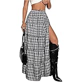 SHENHE Women's Plaid Maxi Skirt High Slit A Line Flowy Tiered Ruffle Y2k Vintage Long Skirt