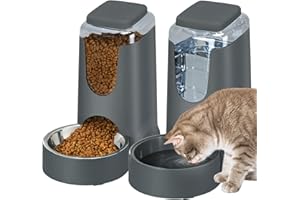 HWONMTE 2 Pack Automatic Cat Feeder and Water Dispenser with Stainless Steel Dog Bowl Gravity Self Feeding for Small Medium Pets Puppy Kitten 1 Gallon x 2 (Black)