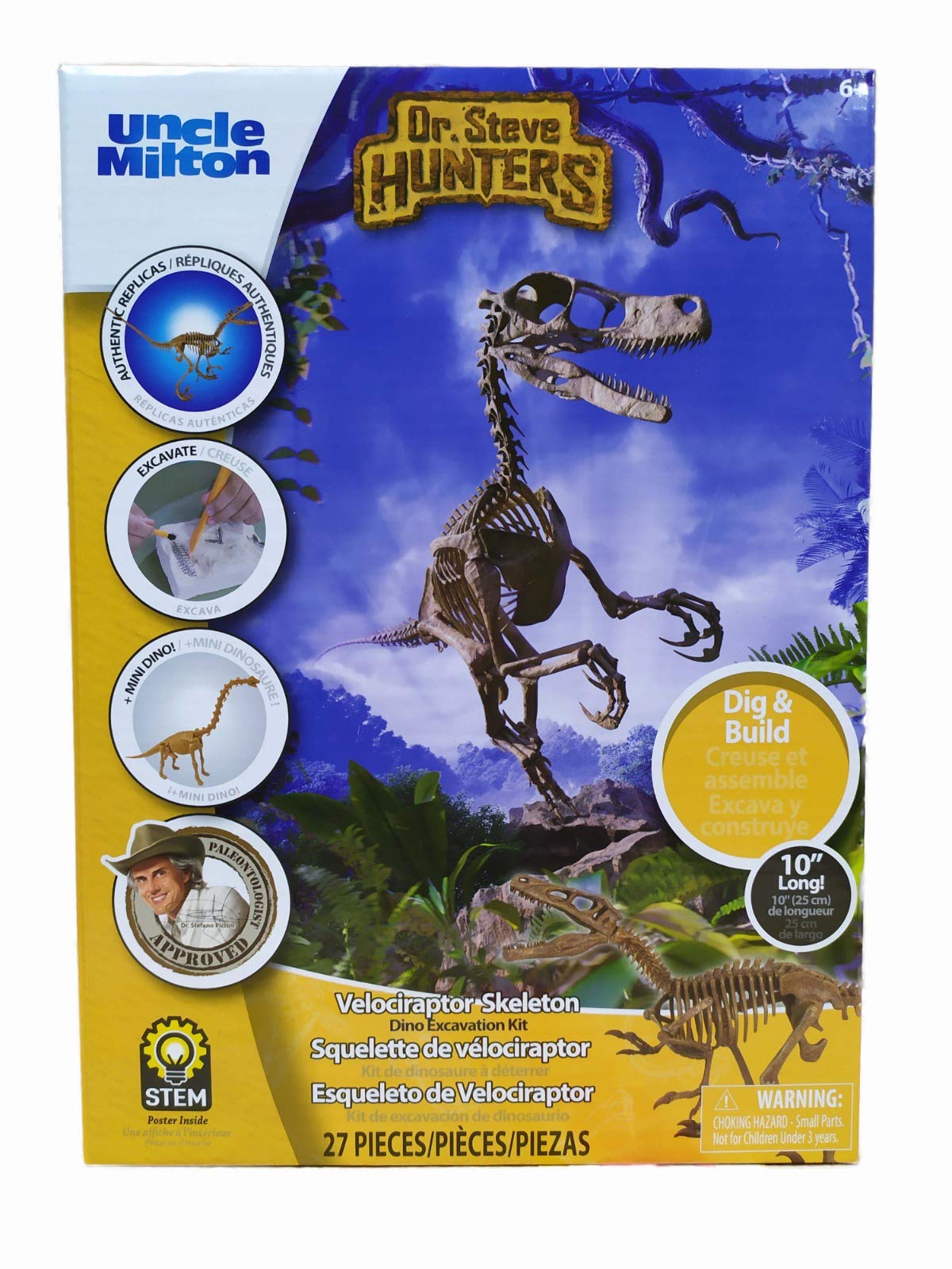 Dr Steve Hunters 91030 Dinosaur Dig Excavation Kit-Velociraptor-27 Pieces 25cm-Uncle Milton Scientific Educational Toy
