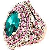 CKHAO Women Ring - 32mm Big Size Antique Gold Plated Turkish Style Green Pink Gemstone Vintage Ring Women Jewelry J0769GreenPink