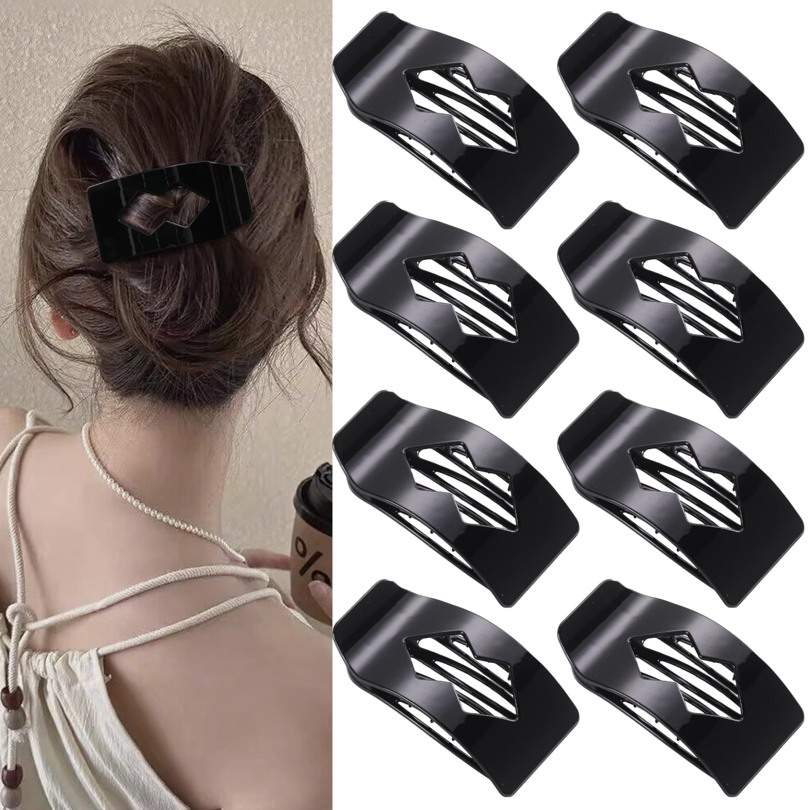 View 1 of 8 Pack Black Flat Hair Clips for Women – Large Glossy Rectangle No-Slip Claw Clips for Thick & Thin Hair, Strong Hold Square Hair Accessories for Work & Daily Styling
