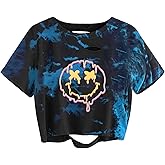 Avanova Women's Tie Dye Smile Face Graphic Tee Summer Short Sleeve Distressed Crop Top Tie Dye Blue Large