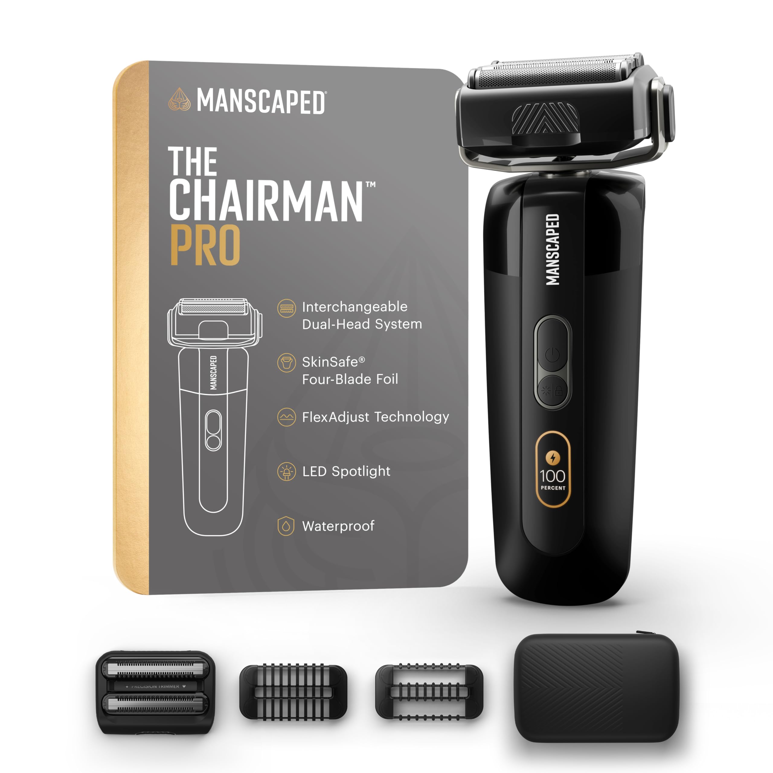 MANSCAPED® The Chairman™ PRO Men’s Foil Shaver - Two Interchangeable Blade Heads, SkinSafe® Four-Blade Foil & Stubble Trimmer, Face Shaver, USB-C & Wireless Compatible Charging, Gentle on Neck Area