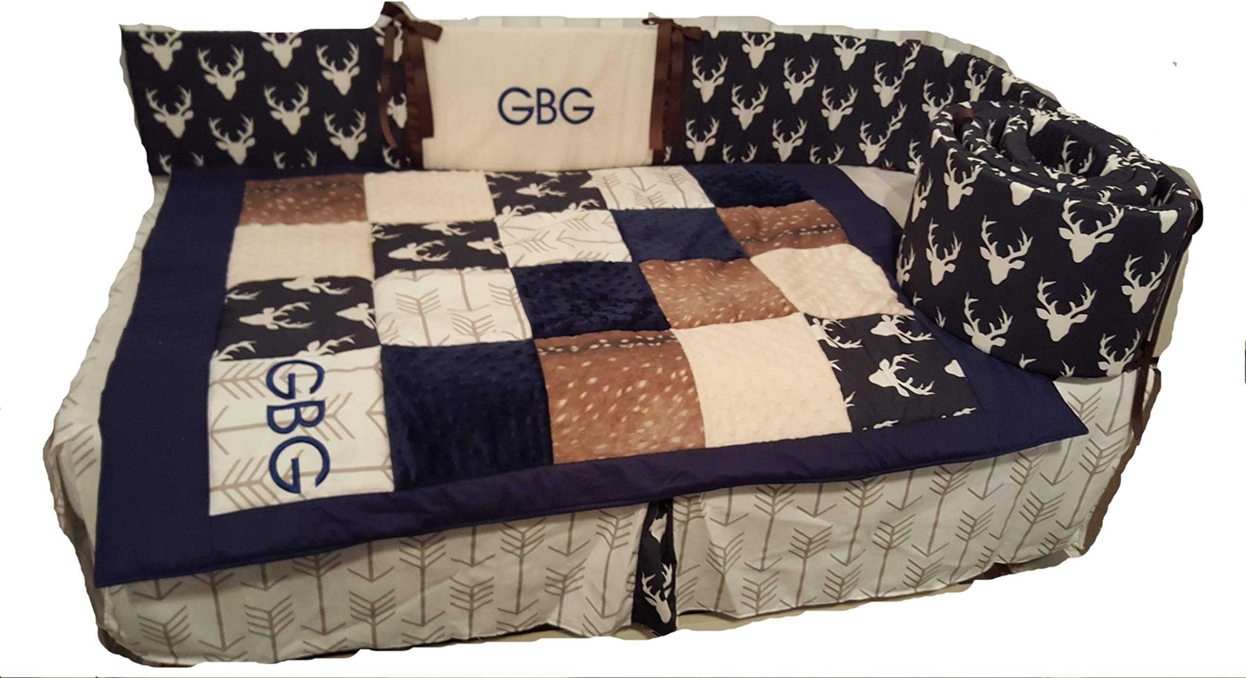 Woodland 1 to 4 piece baby boy nursery crib bedding, Personalized,Quilt, rail guard, bed skirt,crib sheet, Buck deer head silhouette, Fawn hide, Arrows, Minky dot, Navy,Tan,Brown,Taupe,cream