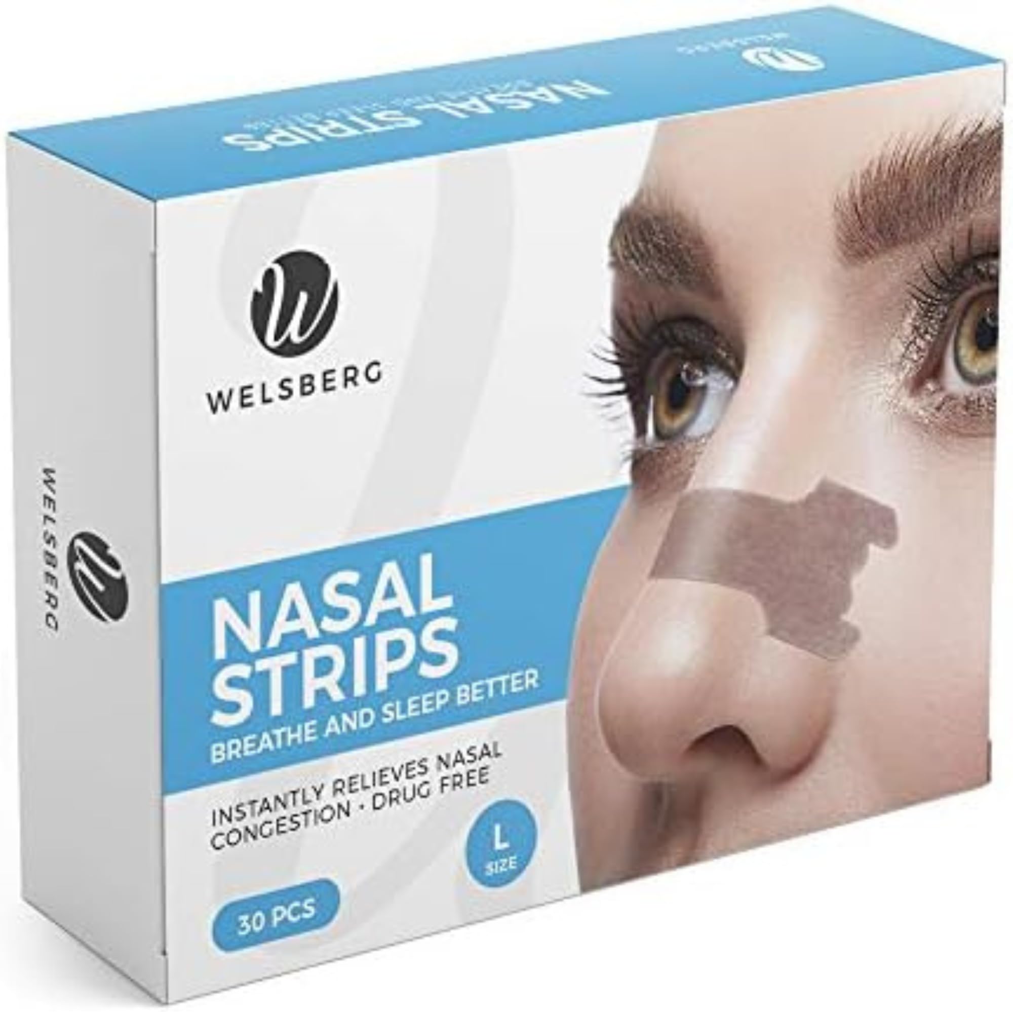Welsberg 30 pcs Nasal Strips, Anti-Snoring Aid, Snore Stopper Patch, Nasal Congestion Relief, Breath Better During Sleep Sports Nose Plaster for Men Women, Size L, 2.6x0.7 inches