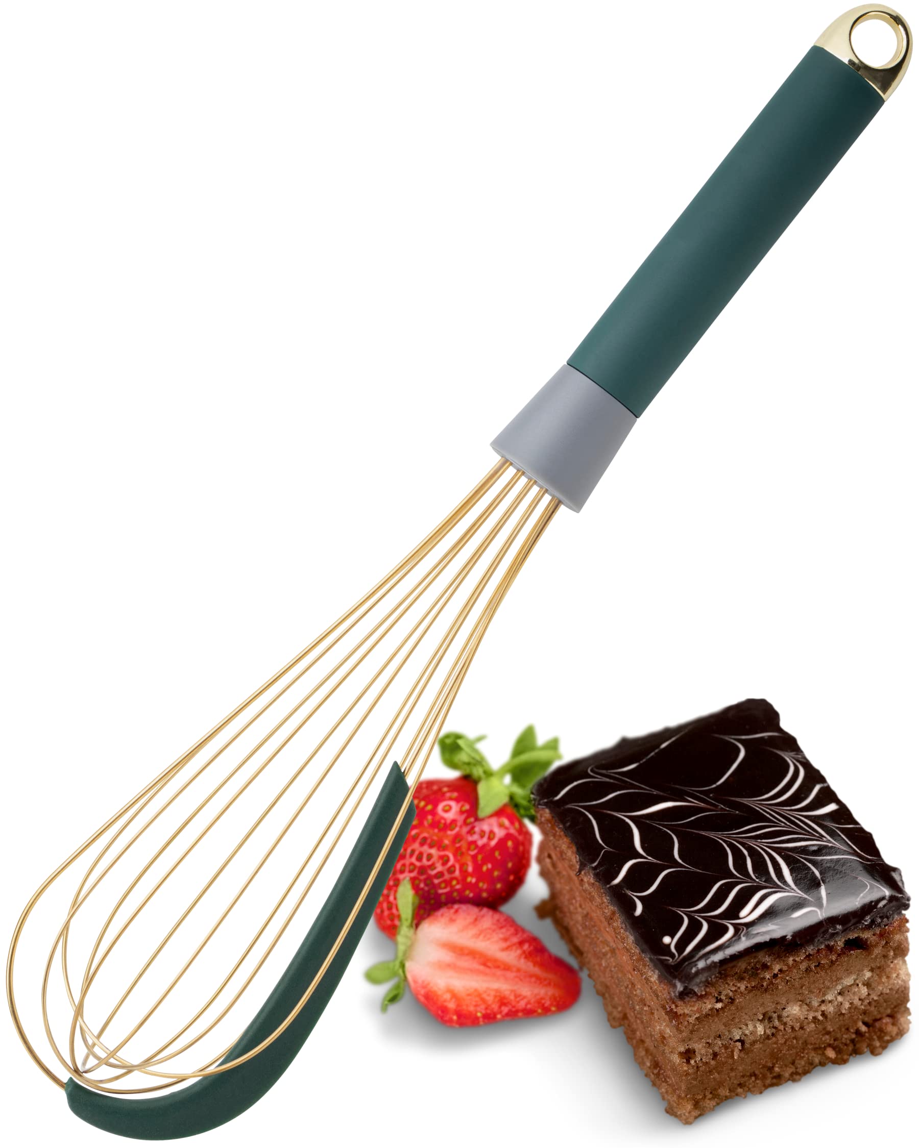 Large Manual Balloon Whisk Egg Beater - Stainless Steel. Froths Milk, Beats Eggs, Whips, Folds & Stirs Meringue, Batters & Sauces. Inbuilt Flexible Silicone Bowl Scraper. 5yr Guarantee, Green And Gold