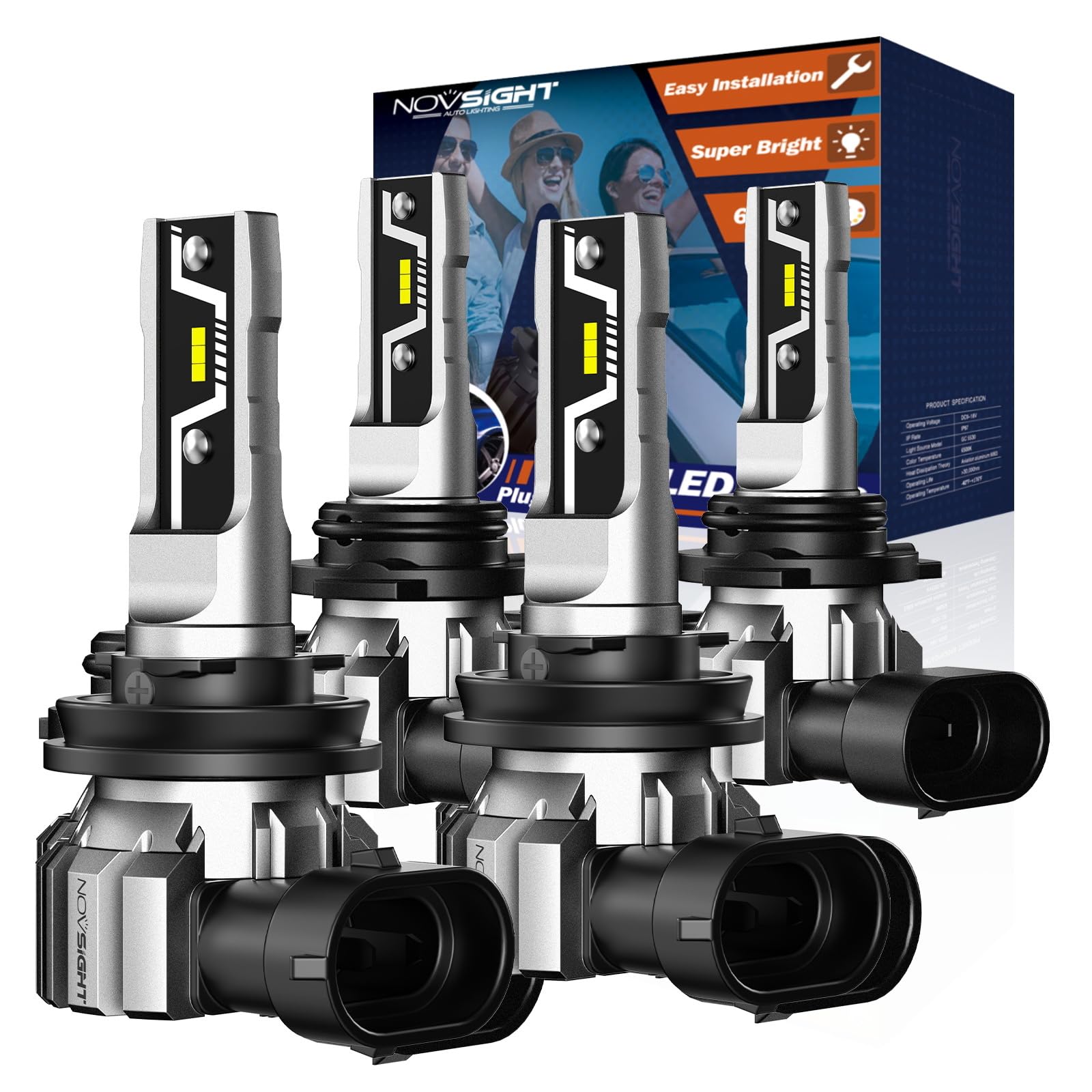Photo 1 of NOVSIGHT H11 9005 LED Light Bulbs - 500% Super Brighter 6500K Cool White, Fanless Light, 1:1 Design, Plug and Play 3 Mins Installation, H8 HB3 Automotive Fog Lamps, Pack of 4 (2 Years)
