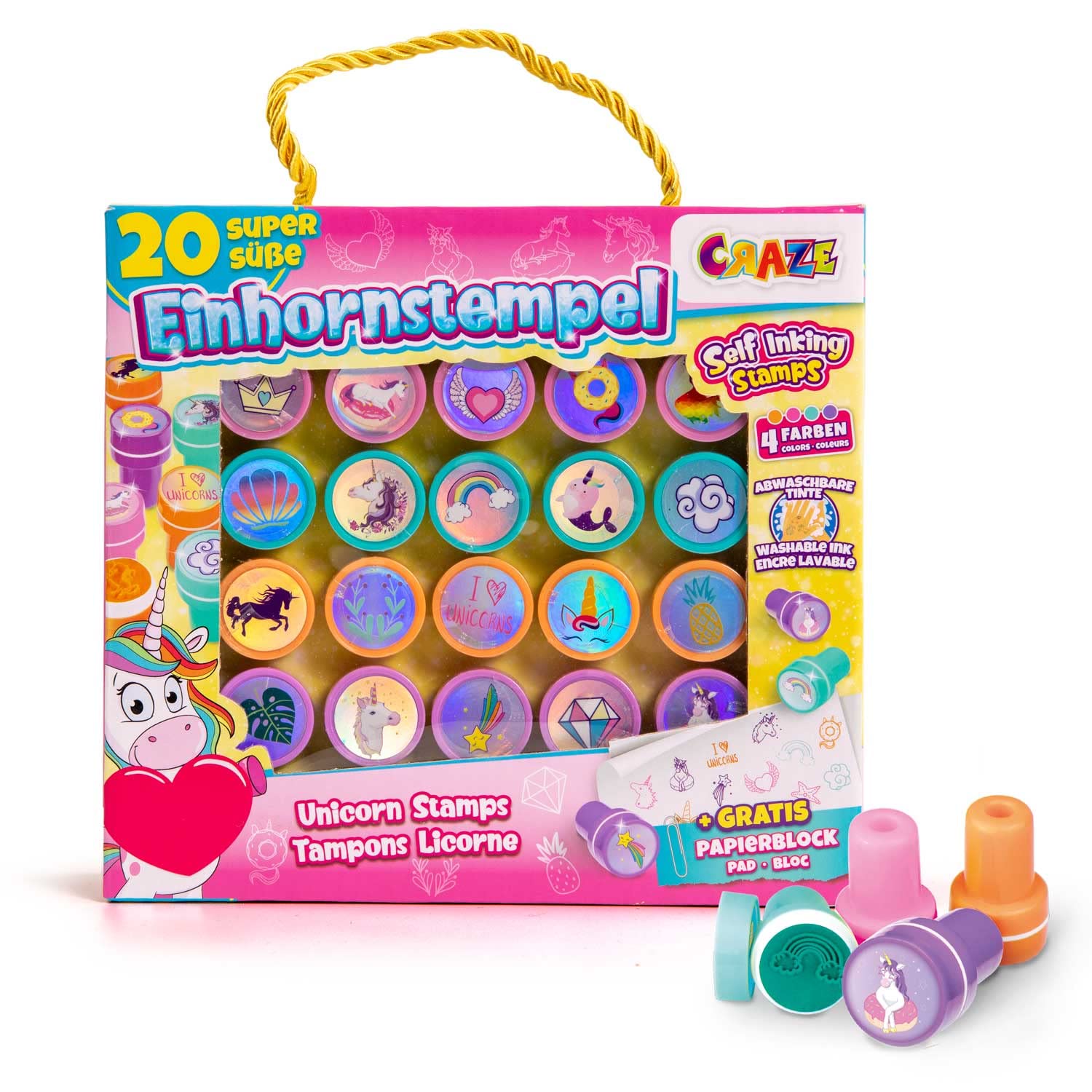 CRAZE Children's Stamp with Unicorn Motifs Stamp Case 20 Ink Pads Children Washable Stamp Set Children Unicorn Stamp Set Colourful with Paper Block in Case 29190