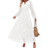 ZESICA Women's 2026 Spring Long Sleeve Maxi Dress V Neck Hollow Out Eyelet A Line Long Flowy Casual Party Dresses