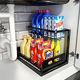 REALINN Under Sink Organizer, Pull Out Cabinet Organizer, 2 Tier Metal Slide Out Shelf with L Shaped Design for Kitchen, Bath