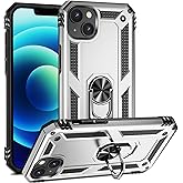 Dionsibei Military Grade Drop Impact for iPhone 14 Plus Case 360 Metal Rotating Ring Kickstand Holder Armor Heavy Duty Shockproof Case for iPhone 14 Plus Phone Case (Silver)