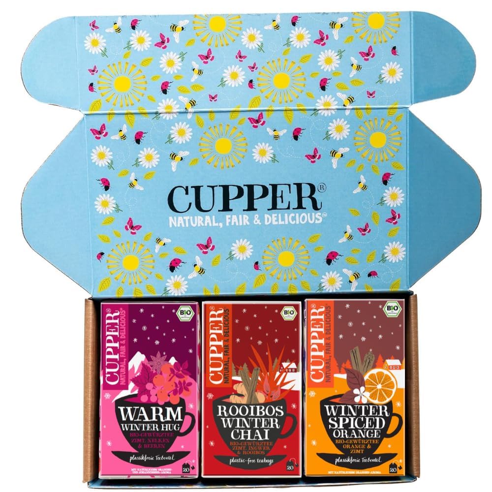 Cupper Bio Tee Set "Wintertees", Tee Geschenkset, Früchtetee, Kräutertee, drei verschiedene Sorten, 60 ungebleichte, plastikfreie Teebeutel, 3er Pack