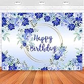Ayayiya Blue Floral Birthday Backdrop Royal Blue Flower Gold Loops Happy Birthday Photography Background Women Girls Birthday Party Decorations Banner for Cake Table Supplies 7x5ft