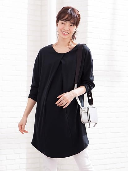 Amazon Co Jp Angeliebe エンジェリーベ マタニティー ワンピース 授乳口付き ポンチ Aライン チュニック ワンピ 妊婦服 産前 産後 長袖 M ネイビー 服 ファッション小物