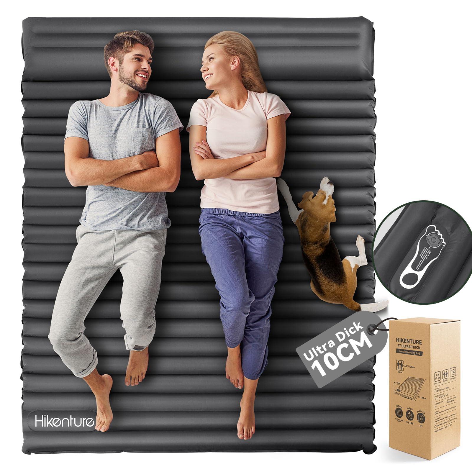 HIKENTURE Inflatable Sleeping Pad for 2 People with Pillow 10 cm Double Self Inflating 140 x 200 cm for Camping Sleeping with Pump