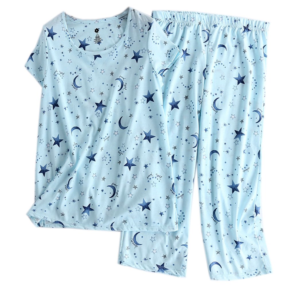 ENJOYNIGHT Women\'s Print Tee Sleepwear and Shorts Nightgown Pajama Set (Large, Blue Star Set)