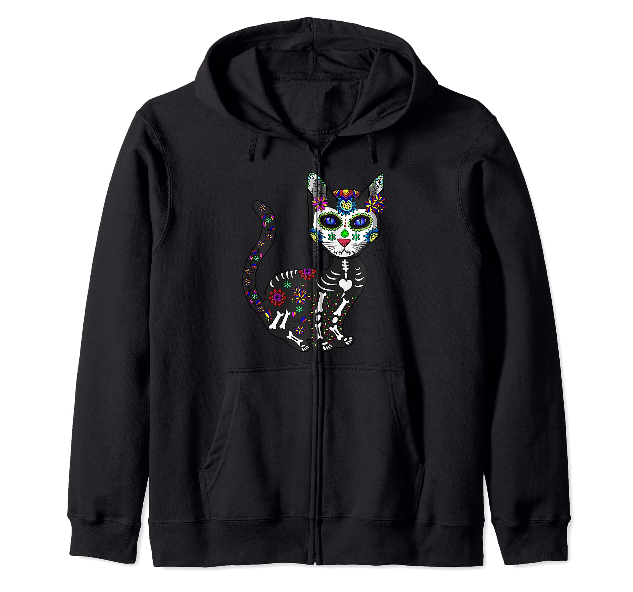 Craneo De Gato Sugar Skull Cat Halloween Dia De Los Muertos Zip Hoodie