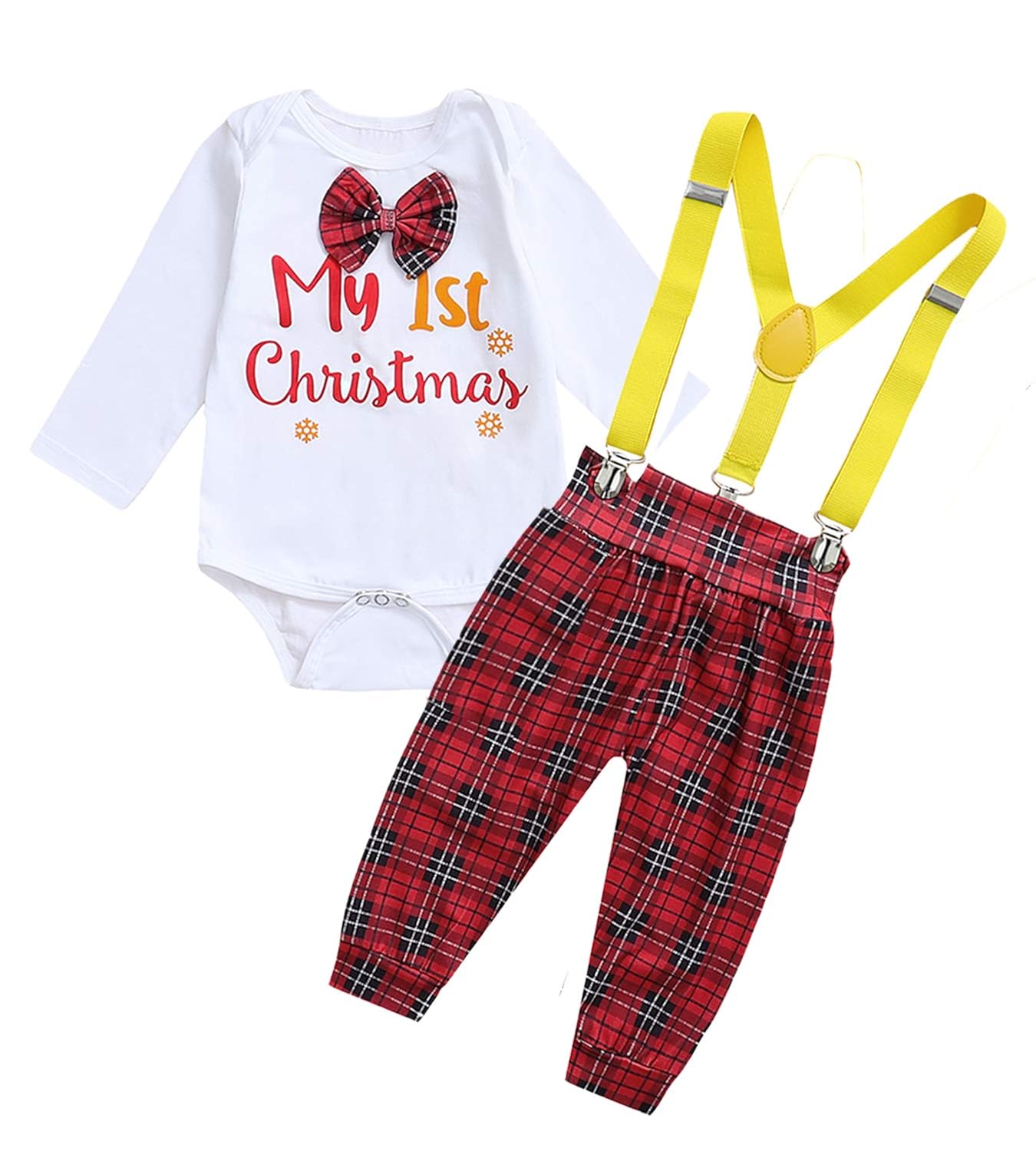 Buy Shalofer Baby Boy My 1st Christmas Outfits Newborn Suspenders Clothes Plaid Pants (White, 0