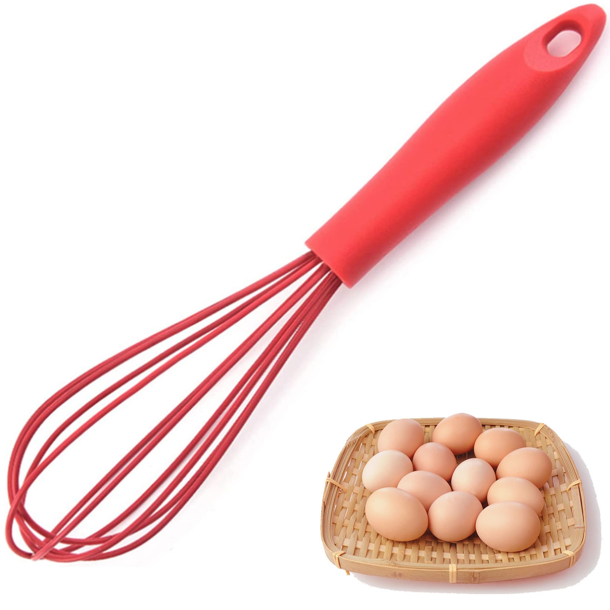 Silicone Whisk, Heat Resistant Kitchen Whisks for Non-Stick Cookware, for Blending, Whisking, Beating, Frothing & Stirring, Can be Suspended, Saving Space, Red