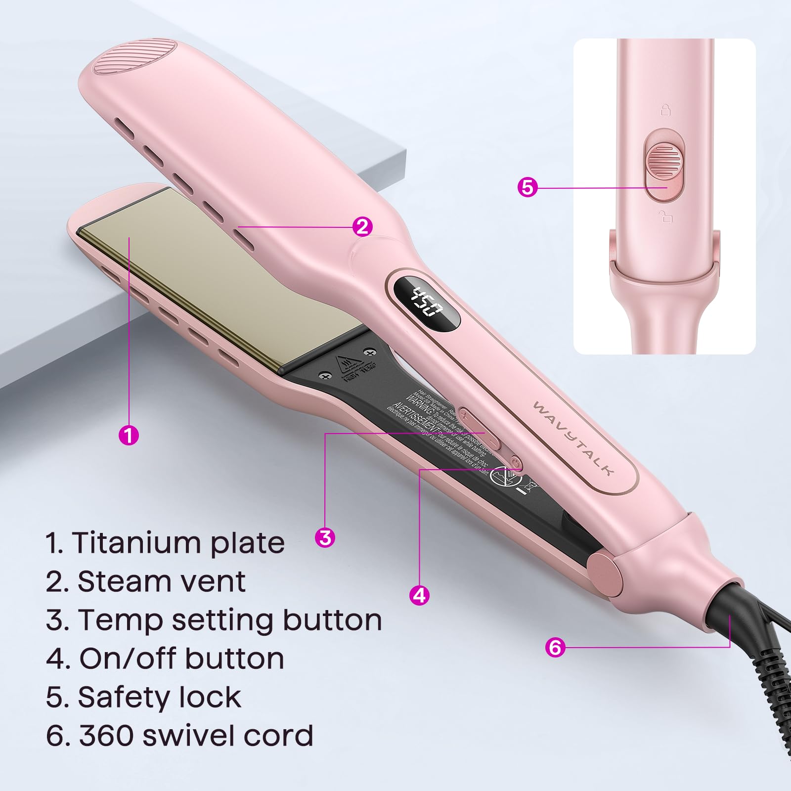 Wavytalk Wet to Straight Hair Straightener, Titanium 1.75 Inch Wide Vent Sesh Flat Iron for Damp or Dry Hair, Straightener with Dual Voltage Leave Silky Smooth Look, 20% Faster Styling, Pink